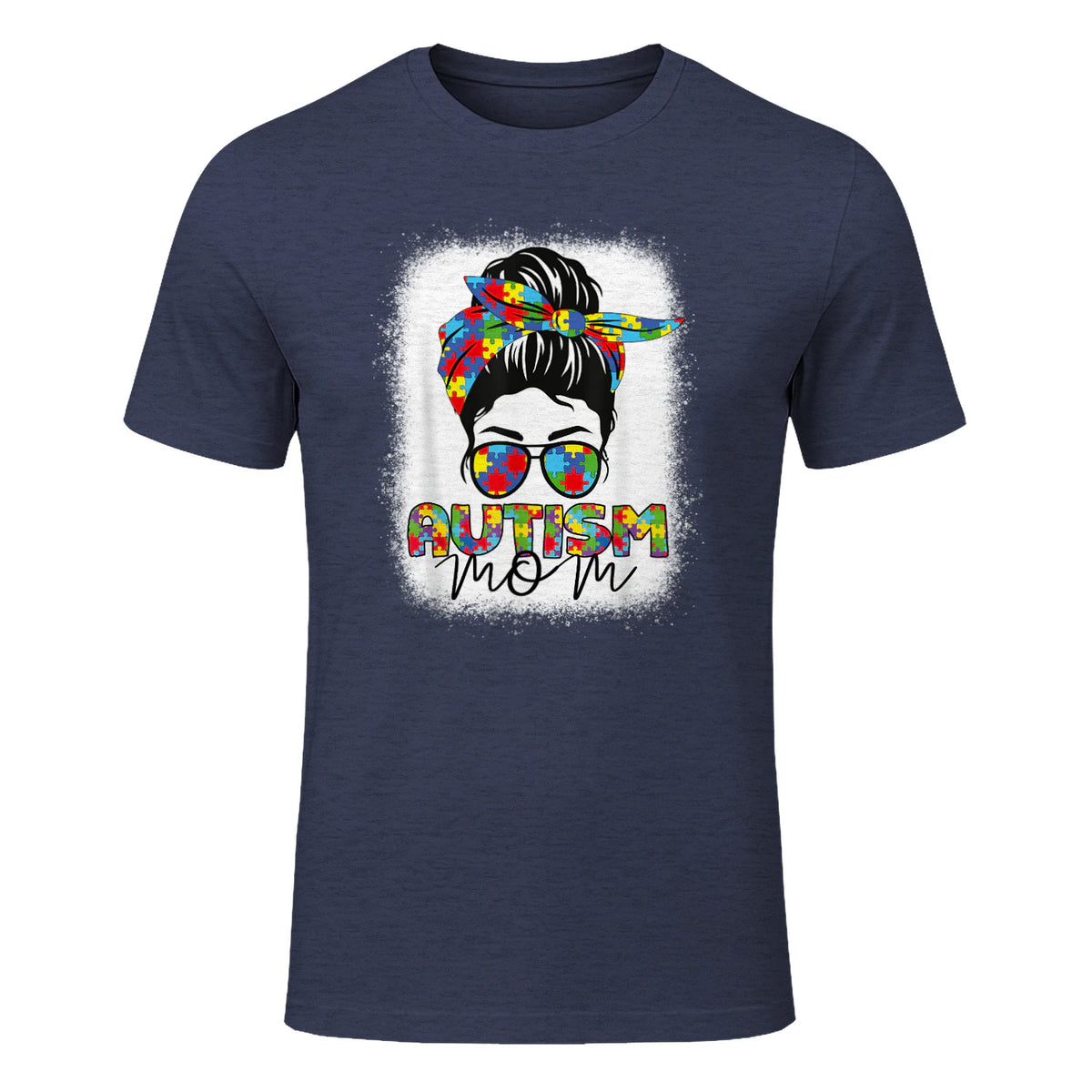 Autism Mom Life Messy Bun T-Shirt in Heather Navy - front view
