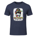 Autism Mom Life Messy Bun T-Shirt in Heather Navy - front view