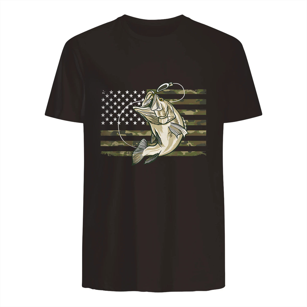 Fishing Camouflage US American Flag Bass Fish Fisherman Camo T-Shirt in Dark Chocolate - back view