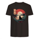 Japanese Red Sunset and Black cat Kanji Japan art T-Shirt in Dark Chocolate - back view