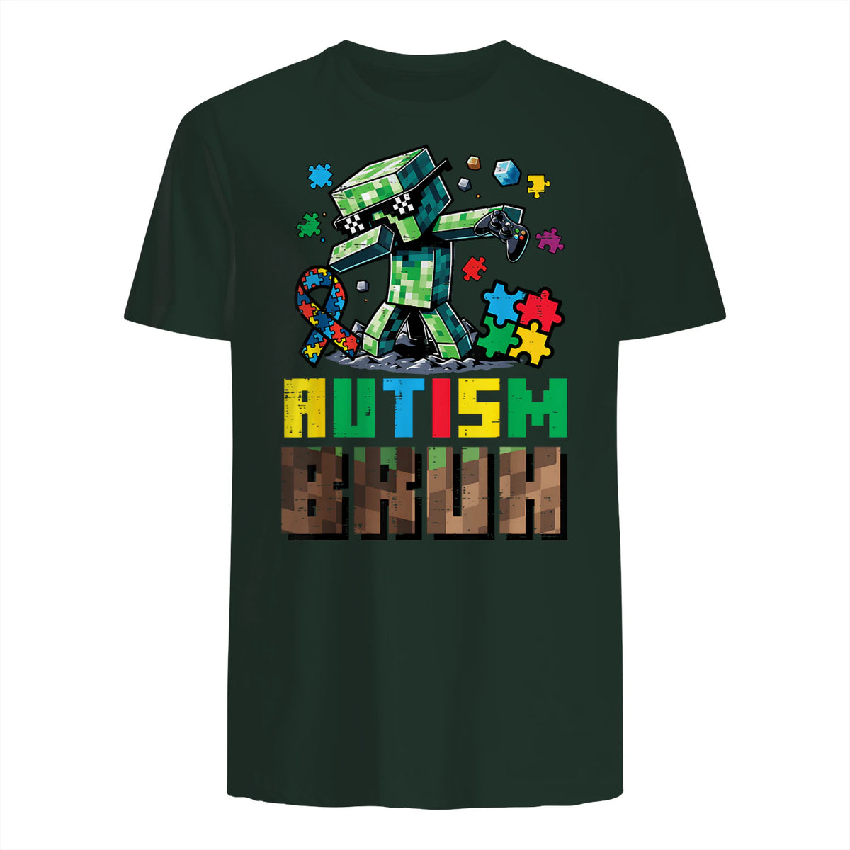 Autism Bruh Dab ASD Awareness Gamer Boys Kids Youth in Forest Green - back view