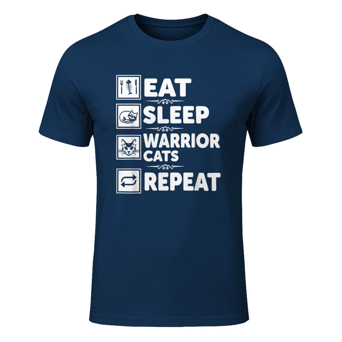 Cat & Cats Lover - Eat Sleep Warrior Cat Repeat - Cat T-Shirt in Navy - front view