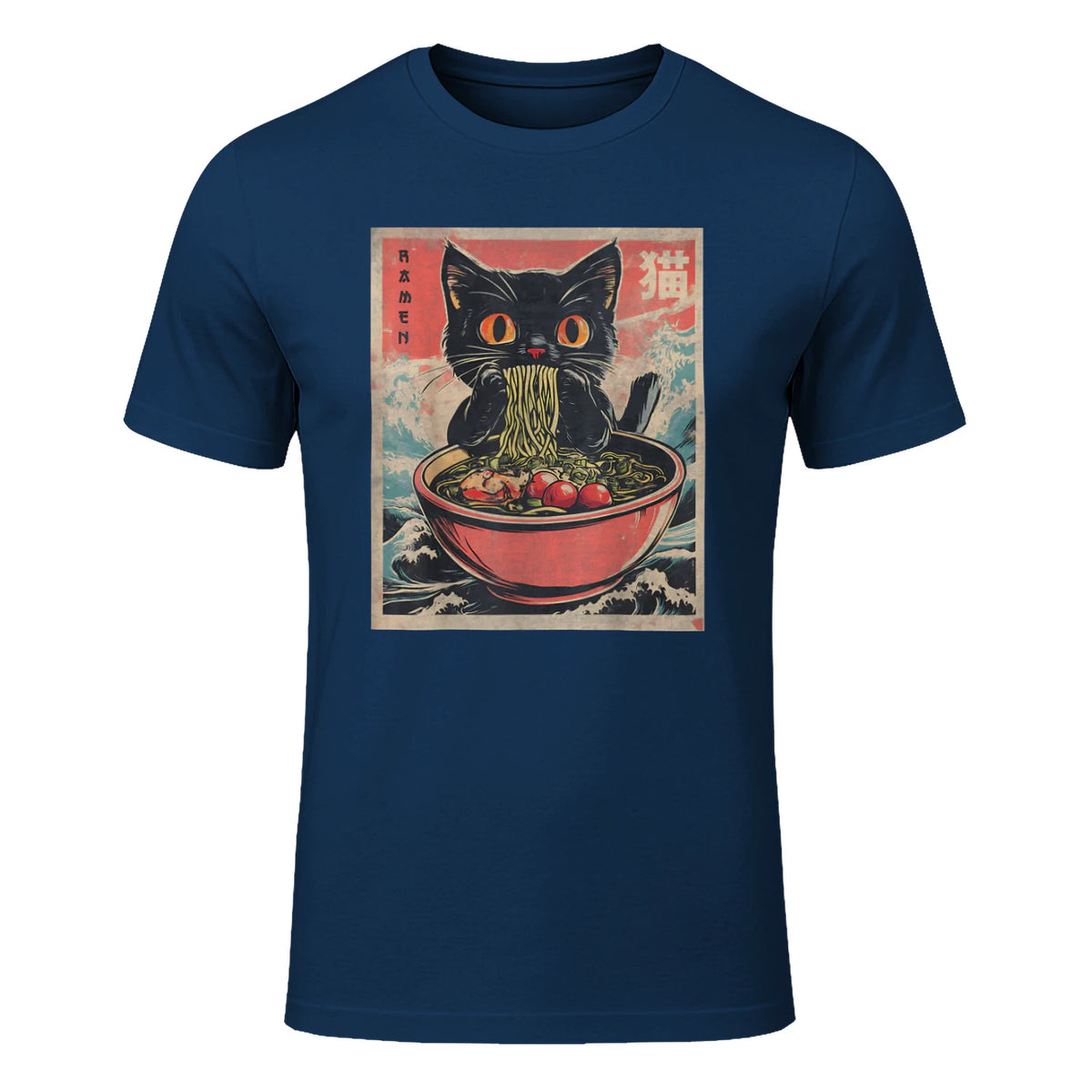 Unisex Adults Cat Ramen Japanese Funny Graphic Tees Kawaii Cat Anime Gifts T-Shirt in Navy - front view