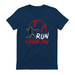 Run Steal I Dare You Humor Baseball Catcher Vintage T-Shirt in Navy - back view