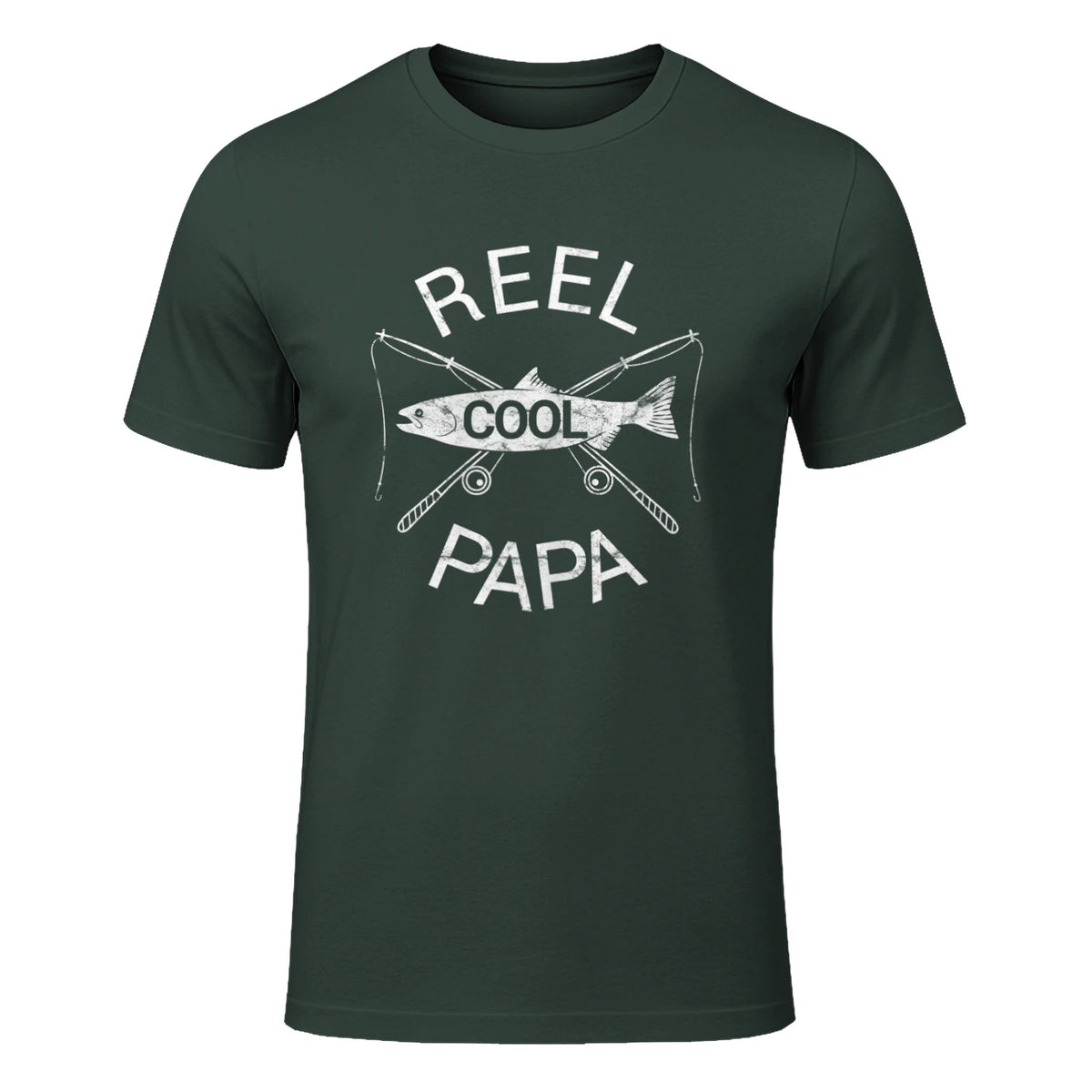 Funny Fishing Reel Cool Papa Dad Joke T-Shirt in Forest Green - front view