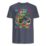 Autism is My Superpower Dino T Rex Monster Truck Kids Boys in Heather Navy - back view