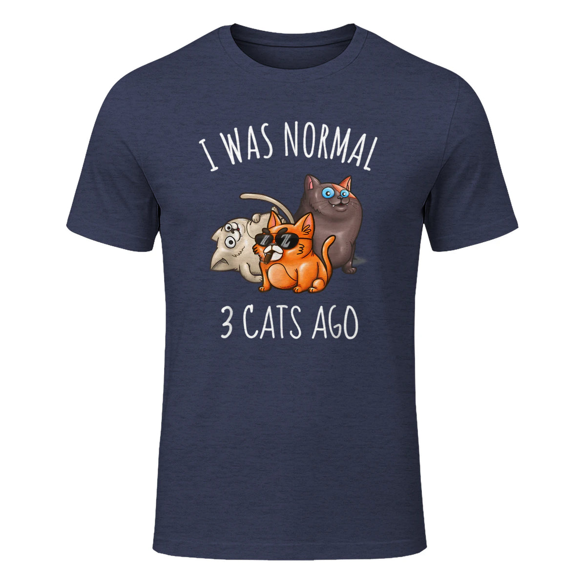 I Was Normal Three Cats Ago T-Shirt in Heather Navy - front view
