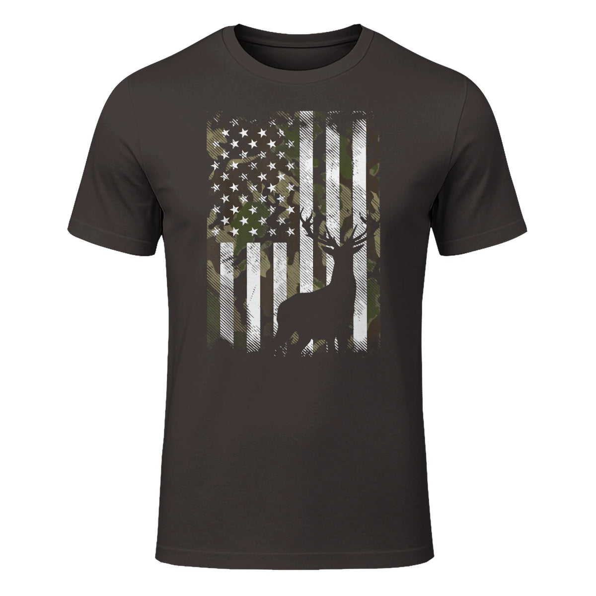 Camo US Flag Deer Elk Buck Camoflage Hunting Hunter Dad Gift Short Sleeve in Dark Chocolate - front view