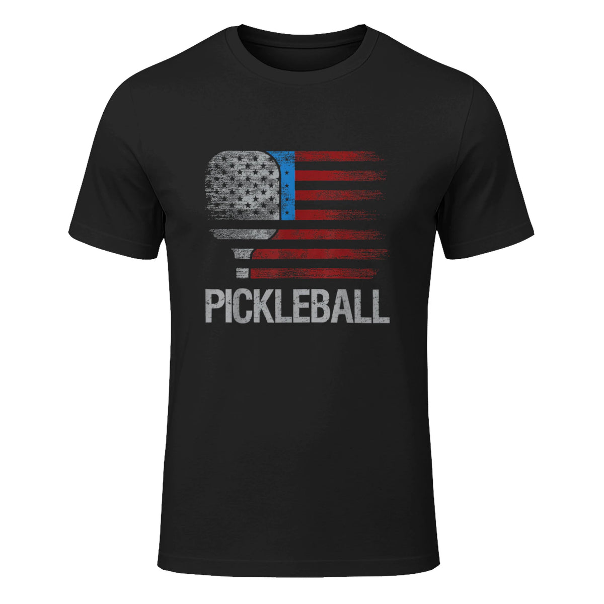 US Flag Pickleball Player Paddleball Lover T-Shirt in Black - front view