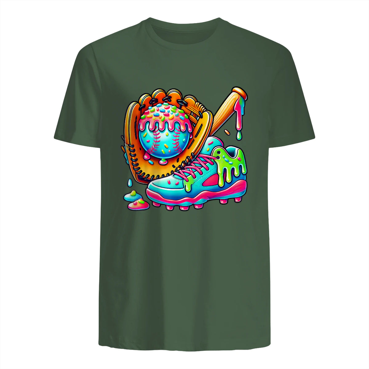 Ice Cream Drip Baseball Stuff Baseball Drip for Boys Graphic T-Shirt in Military Green - back view