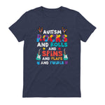 Autism Rocks Rolls Spins Flaps Awareness Boys Kids Women Men in Heather Navy - back view