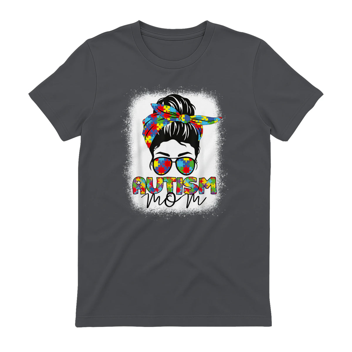 Autism Mom Life Messy Bun T-Shirt in Charcoal - back view
