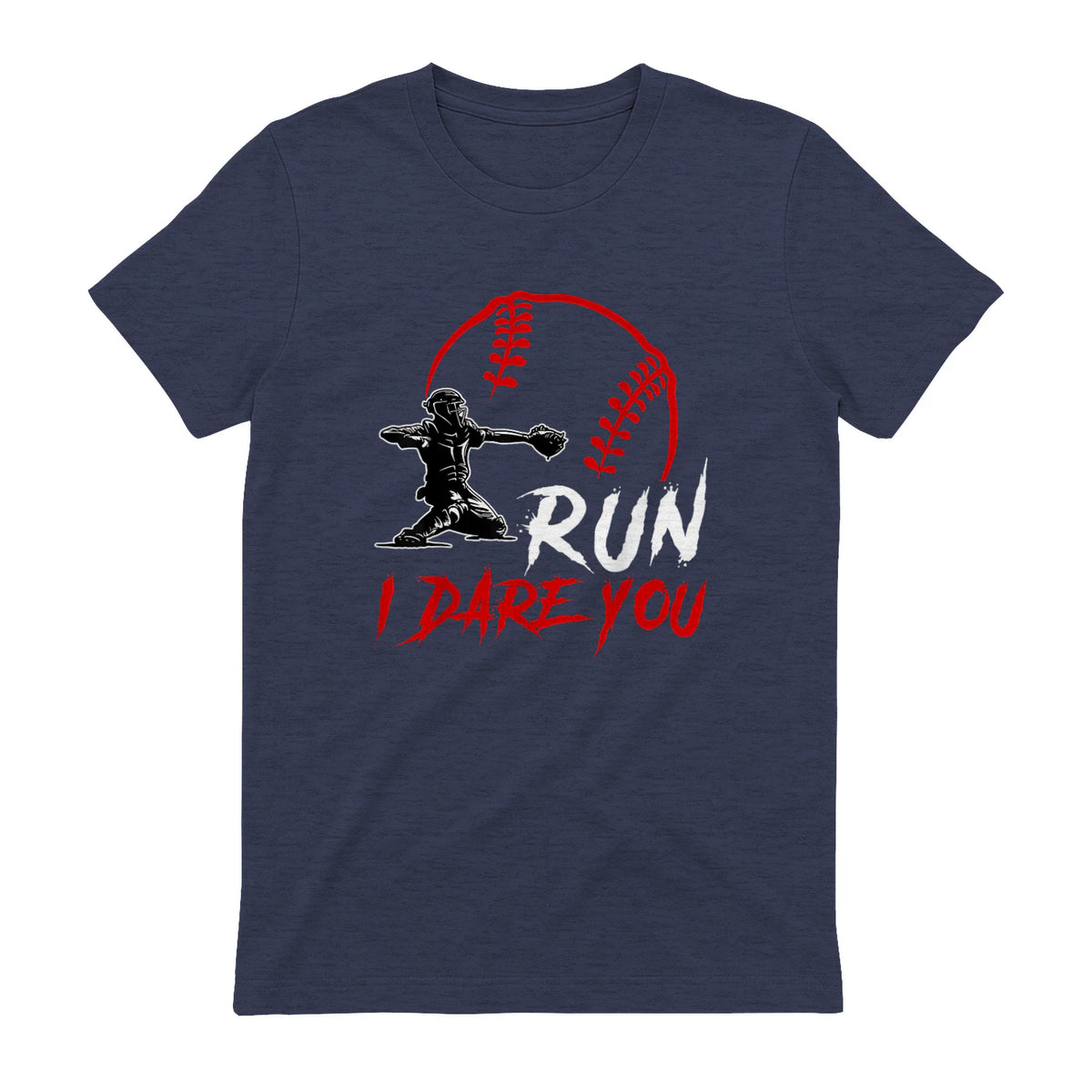 Run Steal I Dare You Humor Baseball Catcher Vintage T-Shirt in Heather Navy - back view