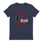 Run Steal I Dare You Humor Baseball Catcher Vintage T-Shirt in Heather Navy - back view