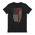 Vintage American Flag Lacrosse Youth Apparel, Boys Men USA T-Shirt in Black - back view