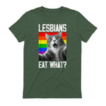 Lesbians Eat What? LGBT Lesbian Girlfriend Funny Cat Gift T-Shirt in Military Green - back view