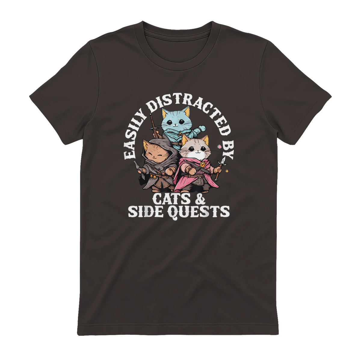 Cats Side Quest Funny Tabletop T-Shirt in Dark Chocolate - back view