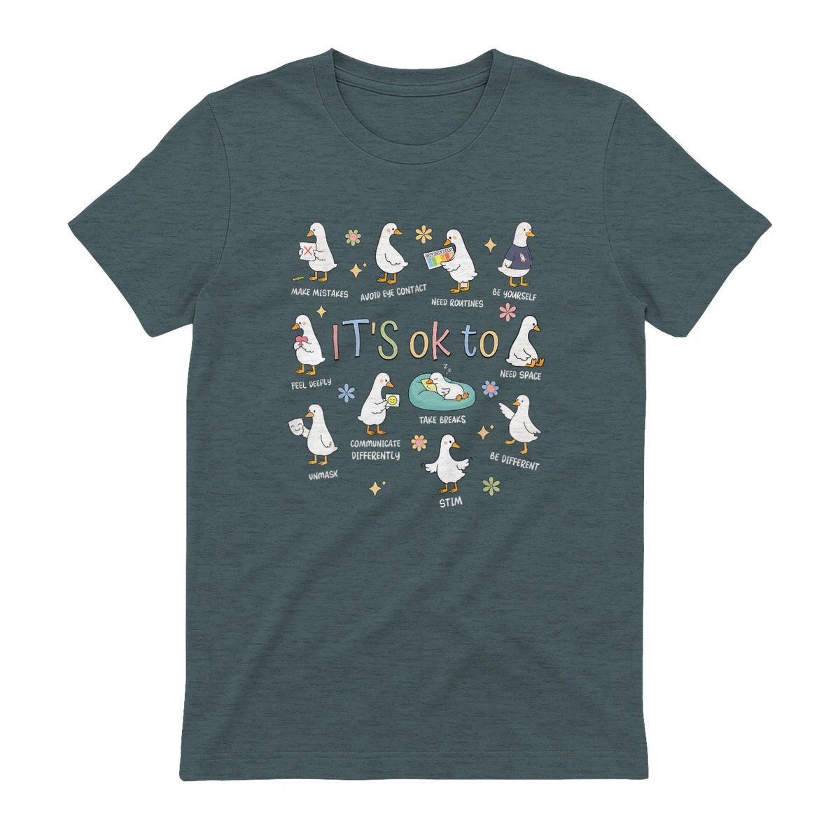 Funny It’s Ok to Be Different Autism Goose Teacher in Dark Heather - back view