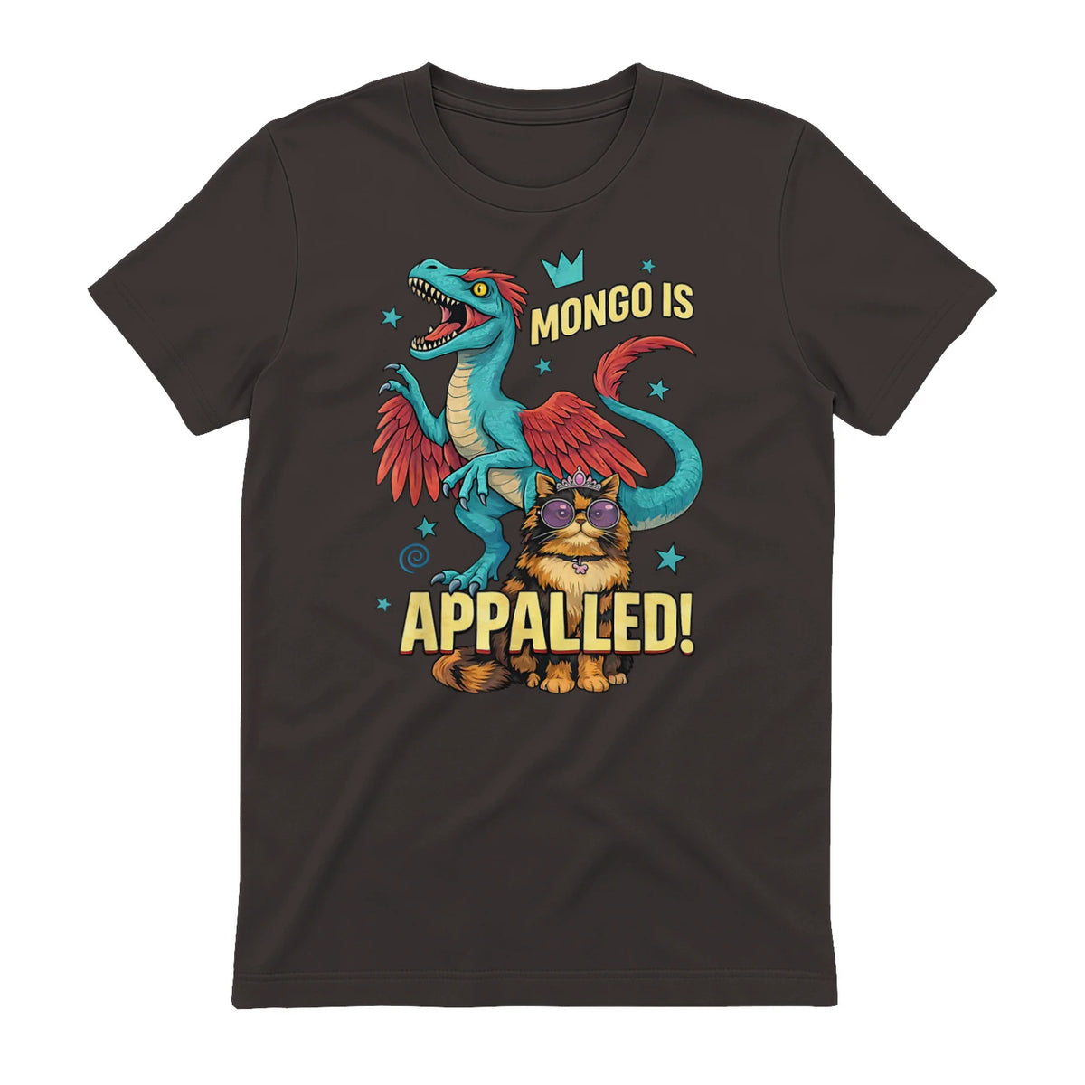 Retro Mongo is Appalled Princess Cat Riding Dinosaur Womens T-Shirt in Dark Chocolate - back view