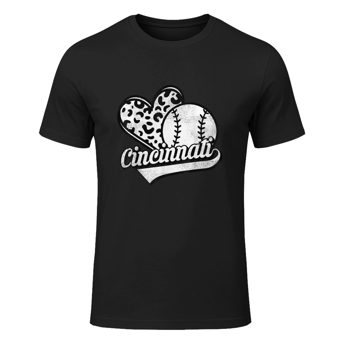 Vintage Cincinnati Baseball Leopard Heart Baseball Fans T-Shirt in Black - front view