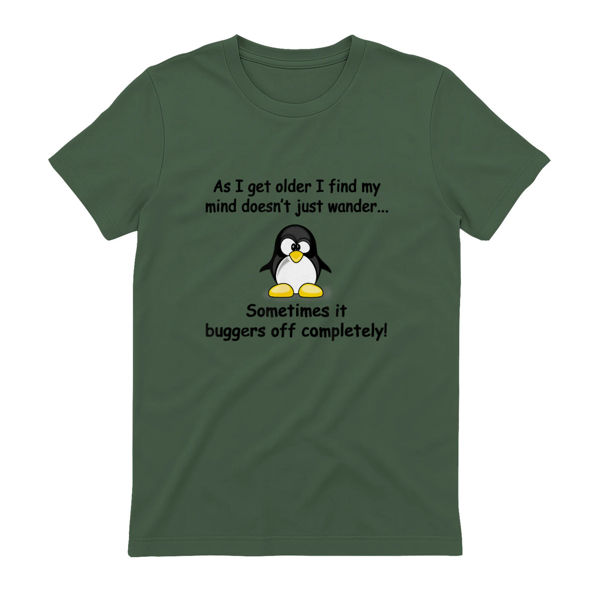 Funny silly penguin t-shirt mens ladies retirement gift in Military Green - back view