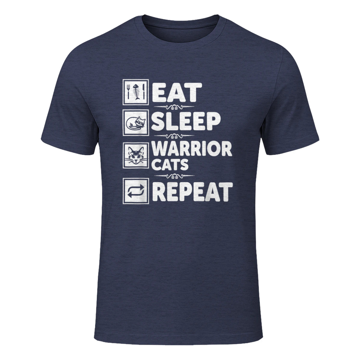 Cat & Cats Lover - Eat Sleep Warrior Cat Repeat - Cat T-Shirt in Heather Navy - front view