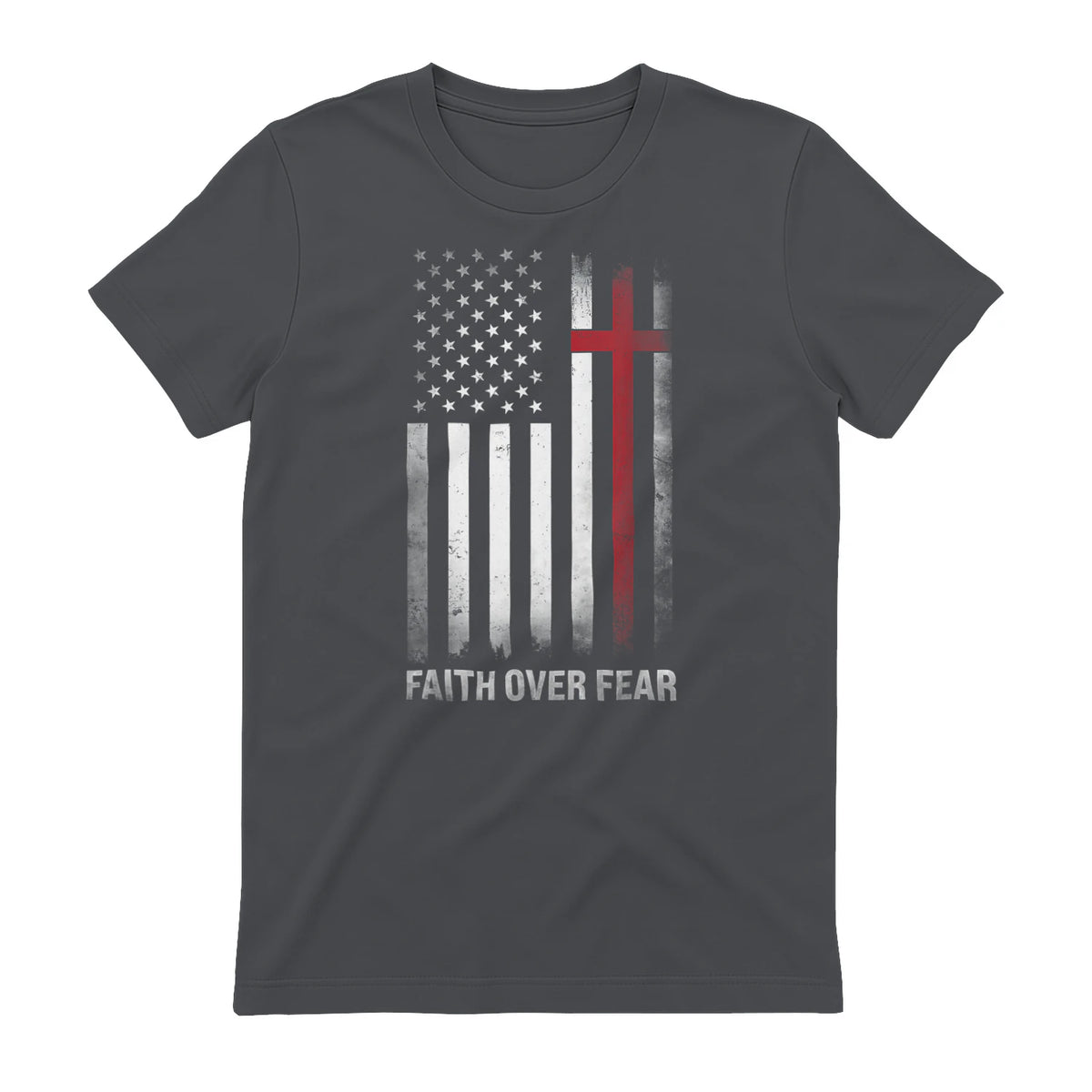 Christian US USA Flag American Christ Faith Over Fear Cross T-Shirt in Charcoal - back view