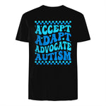 Accept Adapt Advocate Autism Awareness T-Shirt in Black - back view