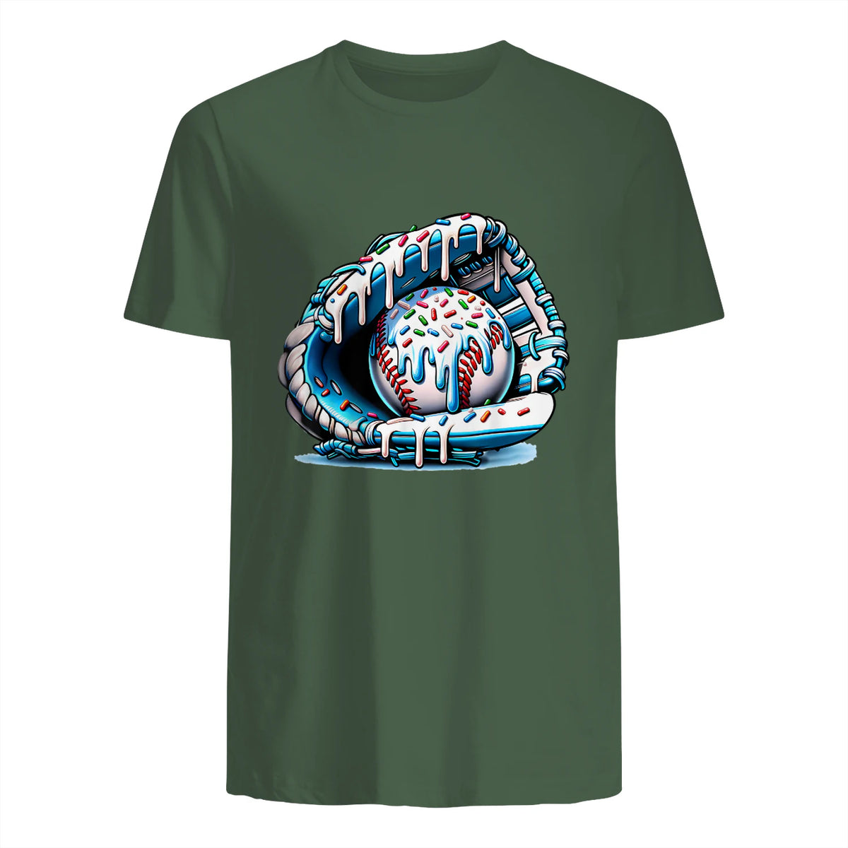 Baseball Drip Ice Cream Sprinkles Baseball Glove T-Shirt in Military Green - back view