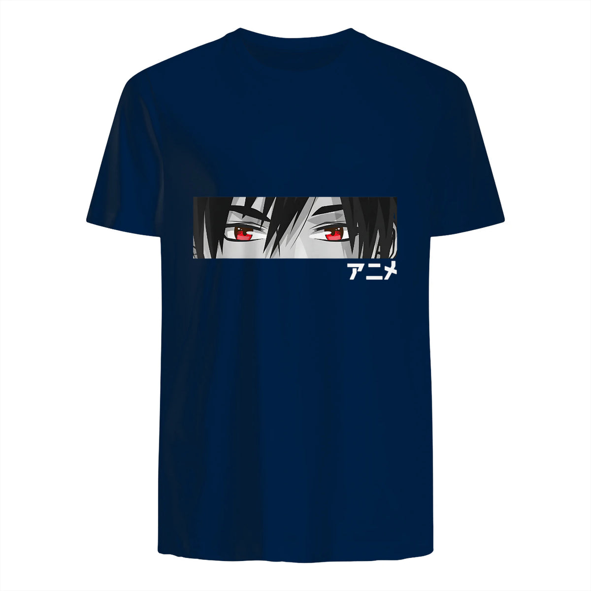 Anime in Japanese Characters Kawaii Eyes Face Short Sleeve in Navy - back view