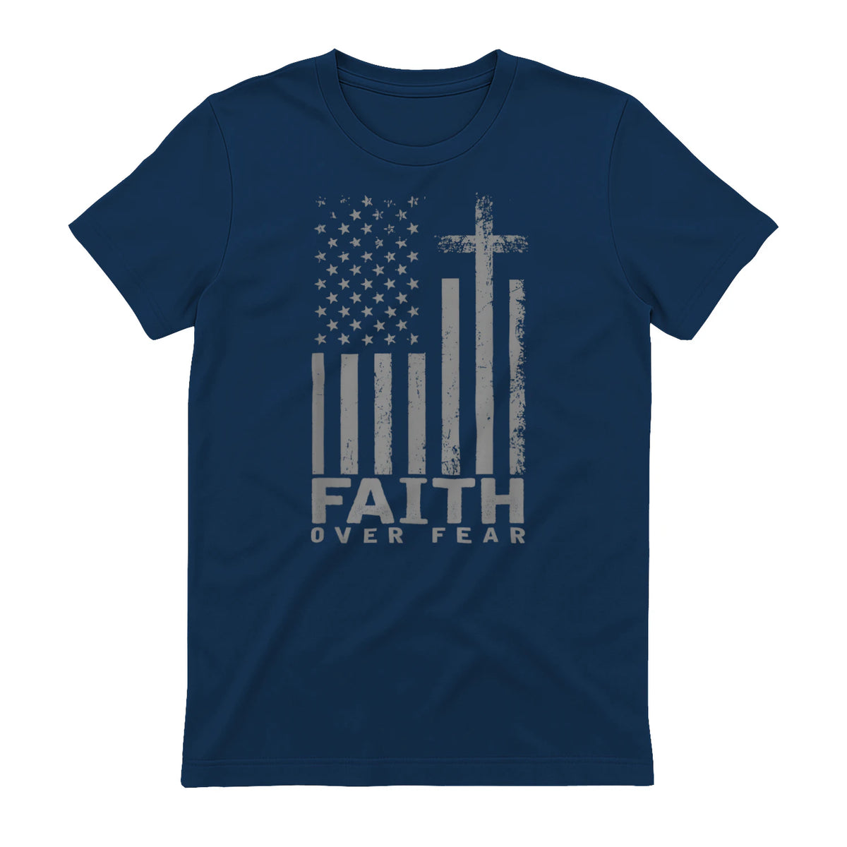 America Pride US Flag Faith Over Fear Prayer T-Shirt in Navy - back view