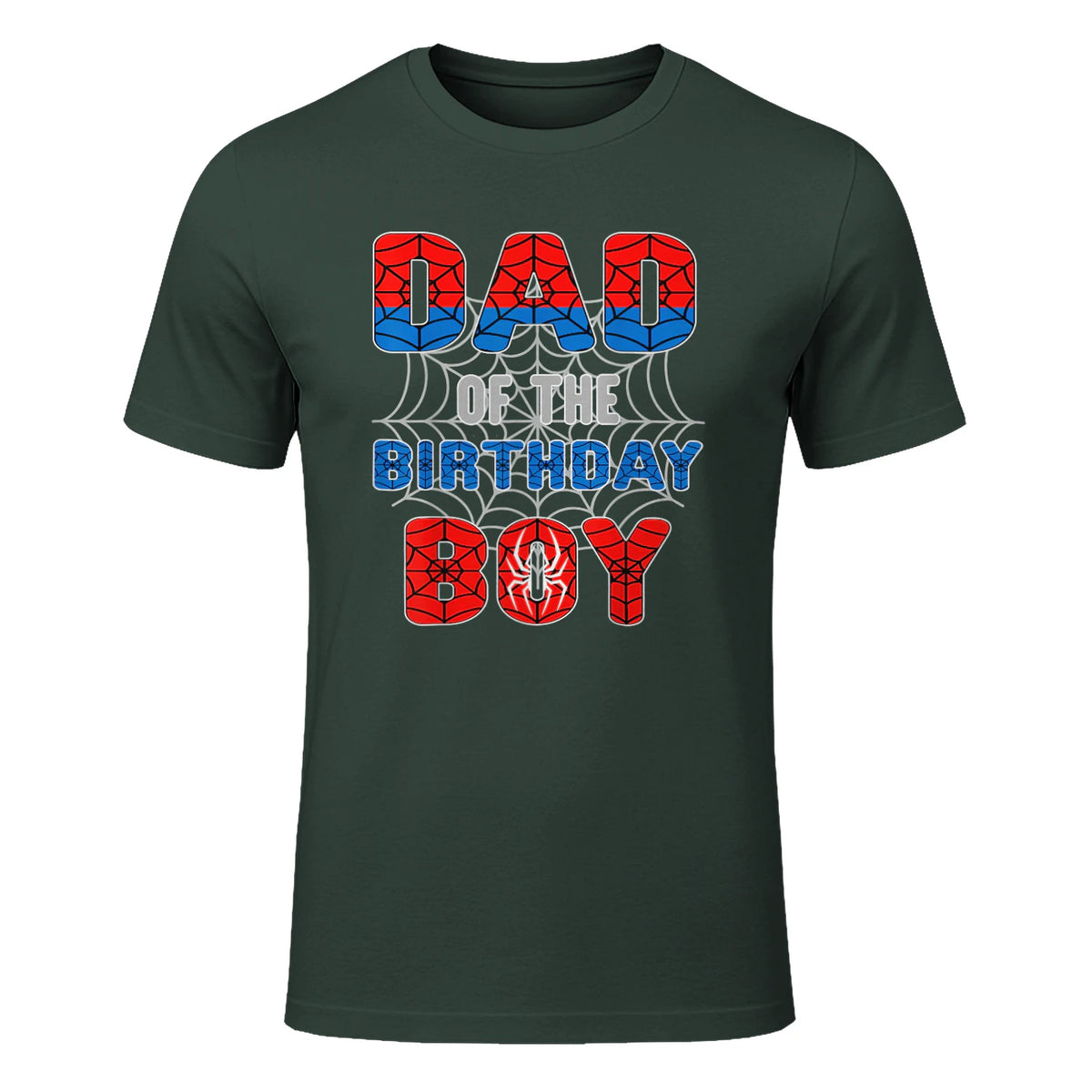 Birthday Boy Dad Spider Web T-Shirt in Forest Green - front view
