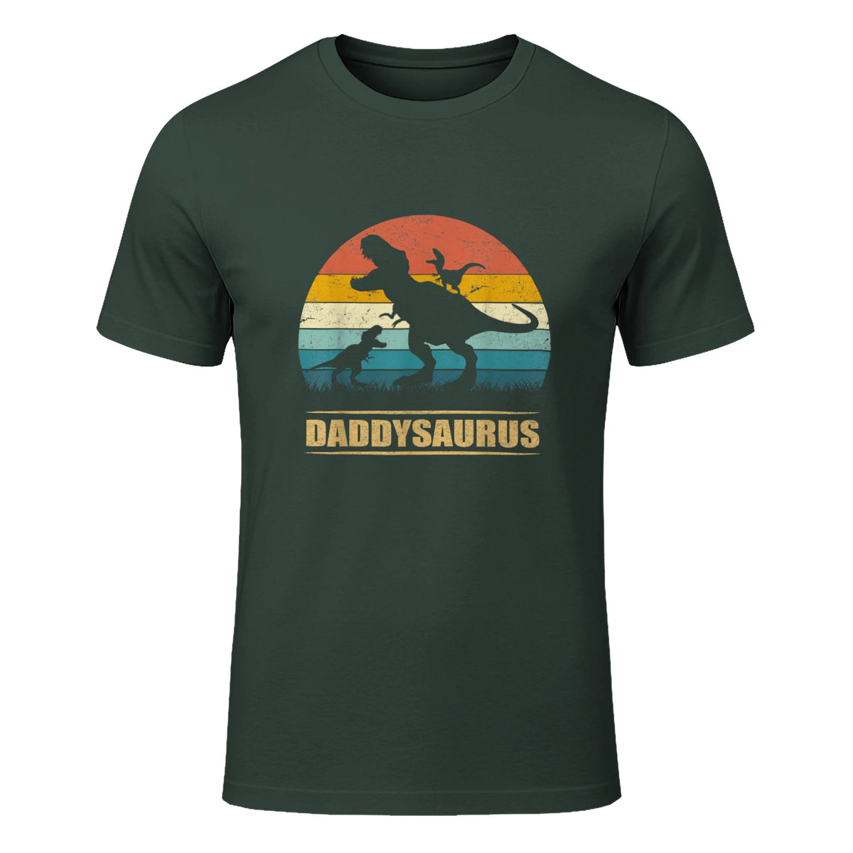 Daddy Dinosaur Daddysaurus Two Kids Funny Father's Day T-Shirt in Forest Green - front view