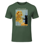 Funny Cat & Sunflowers Van Gogh Art Parody Vintage T-Shirt in Military Green - front view