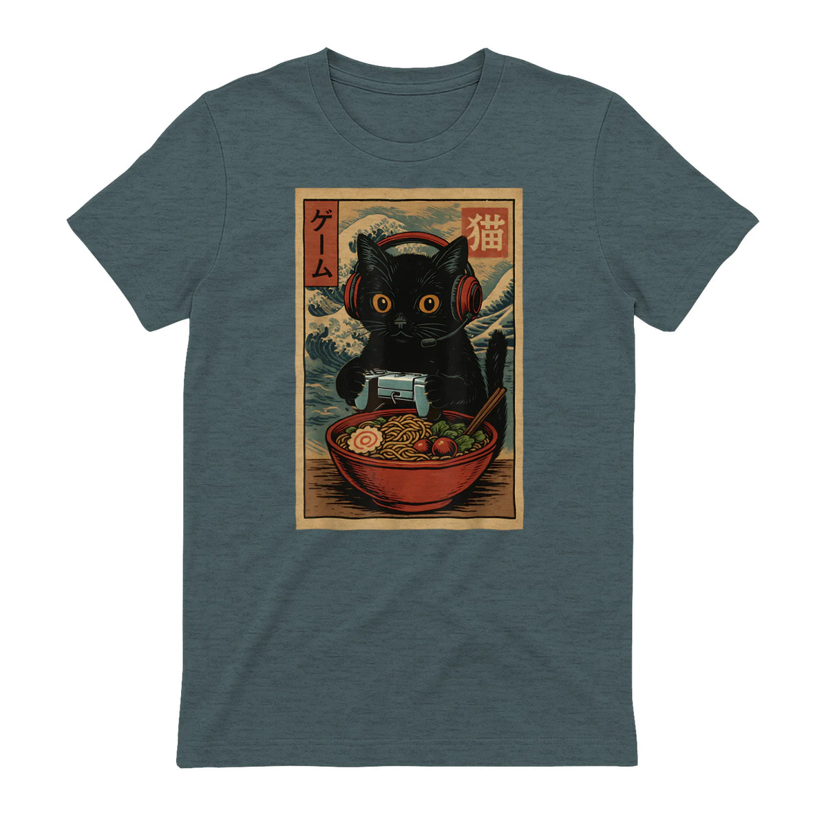 Cute Kawaii Gamer Cat Funny Ramen Retro Japanese Cat Gaming T-Shirt in Dark Heather - back view