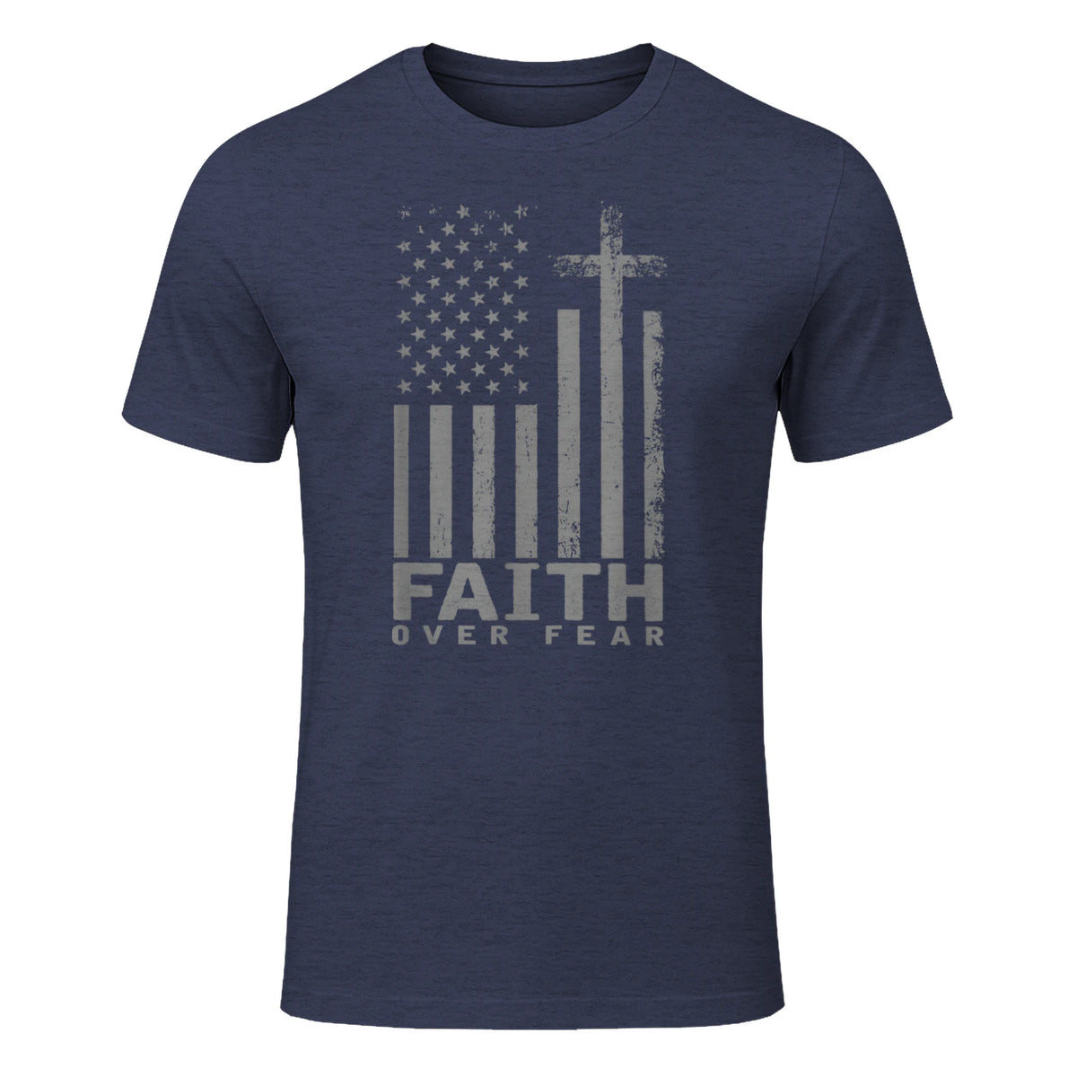 America Pride US Flag Faith Over Fear Prayer T-Shirt in Heather Navy - front view