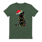 Santa Black Cat Tangled Up In Christmas Tree Lights Holiday in Military Green - back view