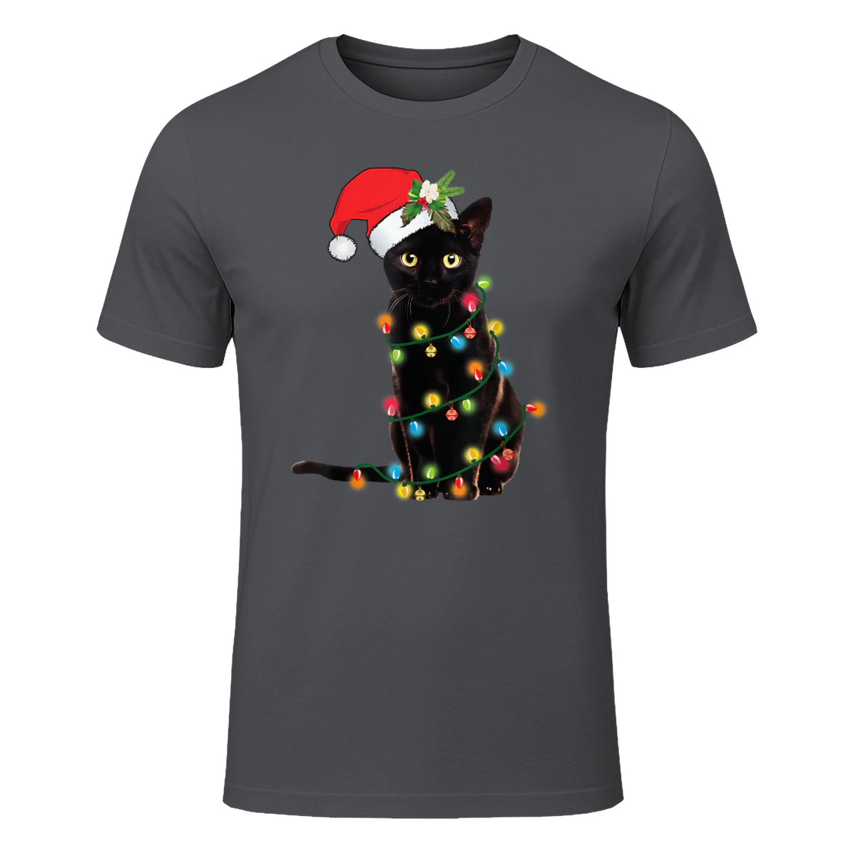 Santa Black Cat Tangled Up In Christmas Tree Lights Holiday in Charcoal - front view