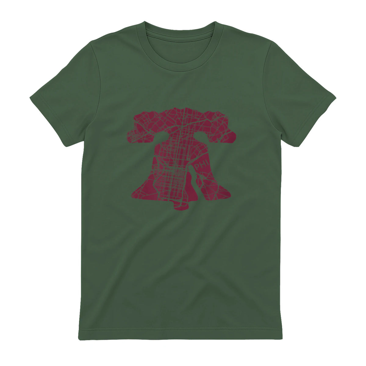 Philadelphia Street Map Liberty Bell Vintage Maroon Philly T-Shirt in Military Green - back view