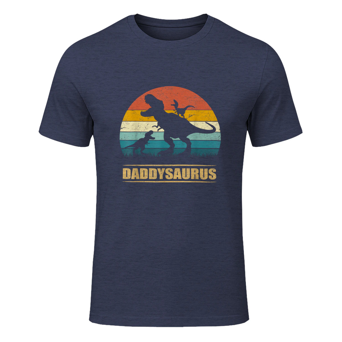 Daddy Dinosaur Daddysaurus Two Kids Funny Father's Day T-Shirt in Heather Navy - front view