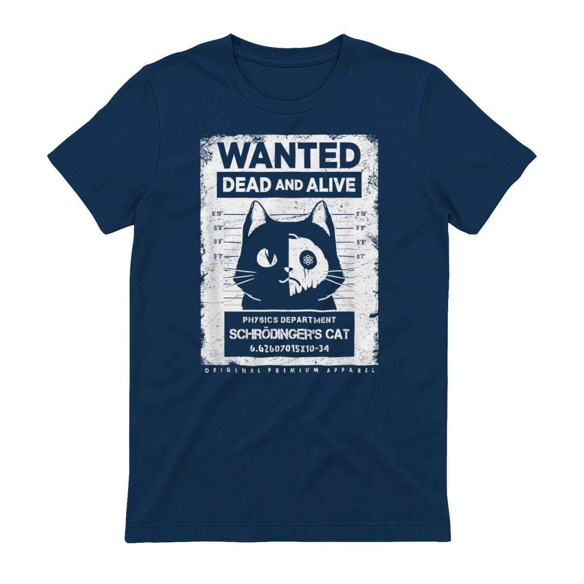 Schrödinger's Cat Wanted Dead And Alive Physics Physicist T-Shirt in Navy - back view