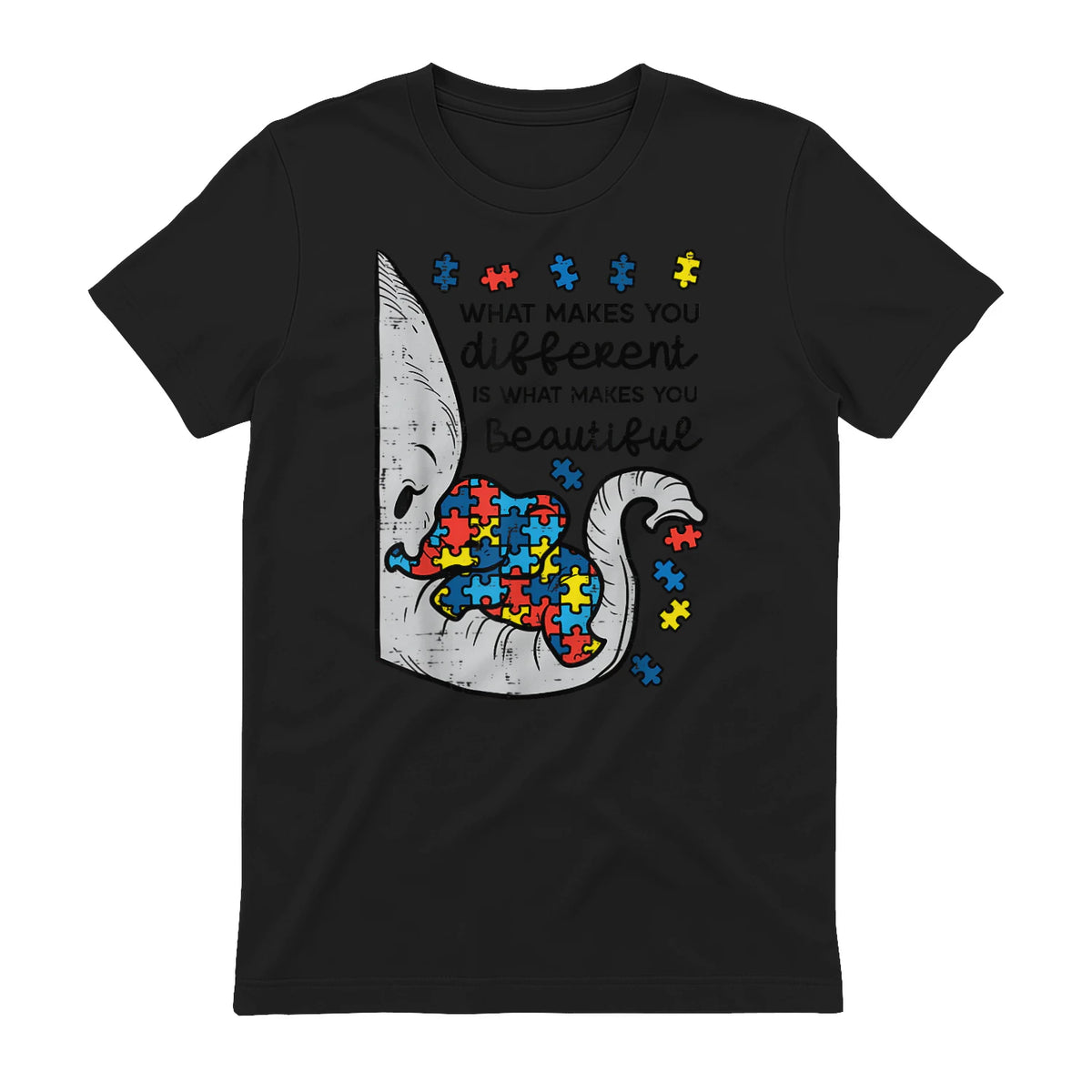 What Makes You Different Autism Awareness T-Shirt in Black - back view
