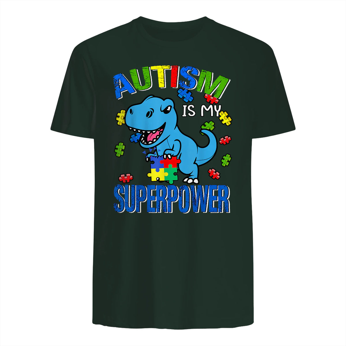 Kids Autism Awareness is My Superpower Boys in Forest Green - back view