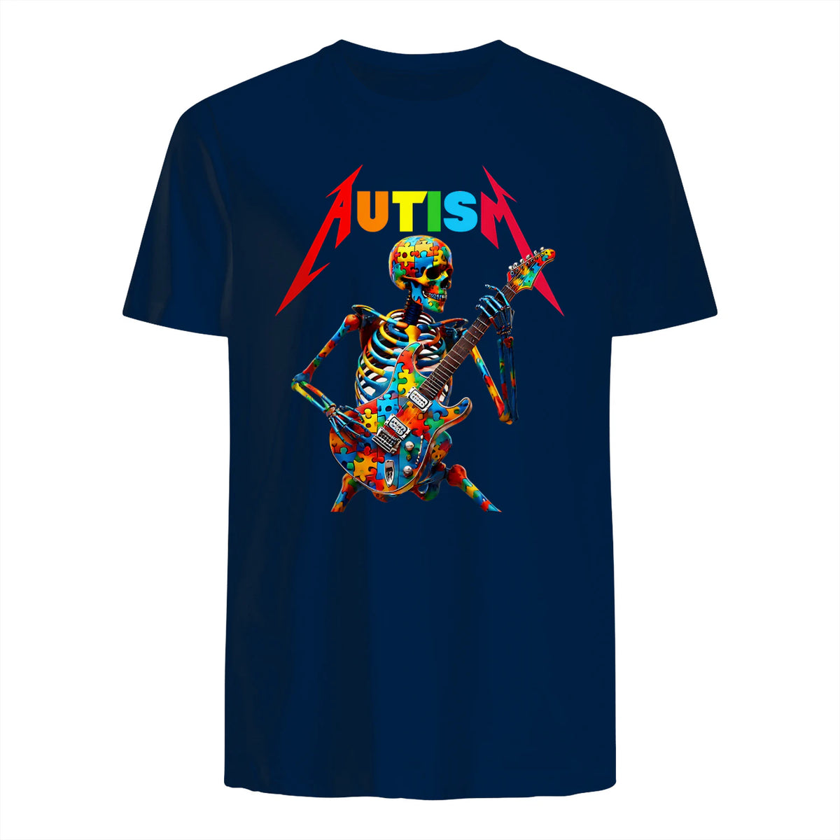 Autism Skeleton Guitar Player Rock Music Autism Awareness in Navy - back view