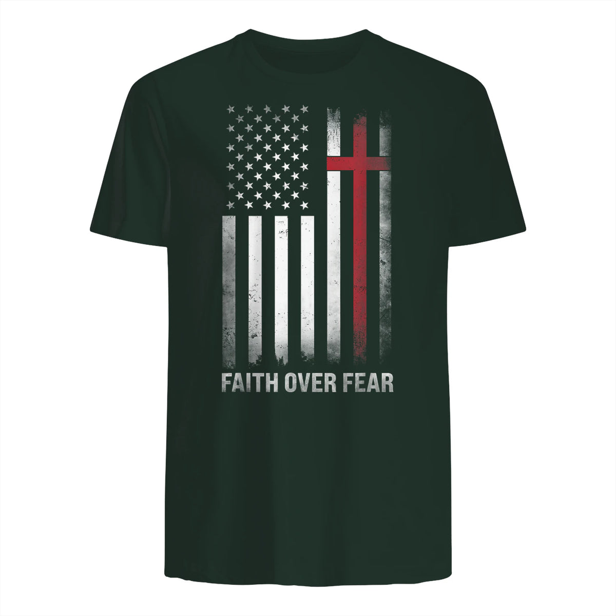 Christian US USA Flag American Christ Faith Over Fear Cross T-Shirt in Forest Green - back view