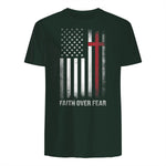 Christian US USA Flag American Christ Faith Over Fear Cross T-Shirt in Forest Green - back view