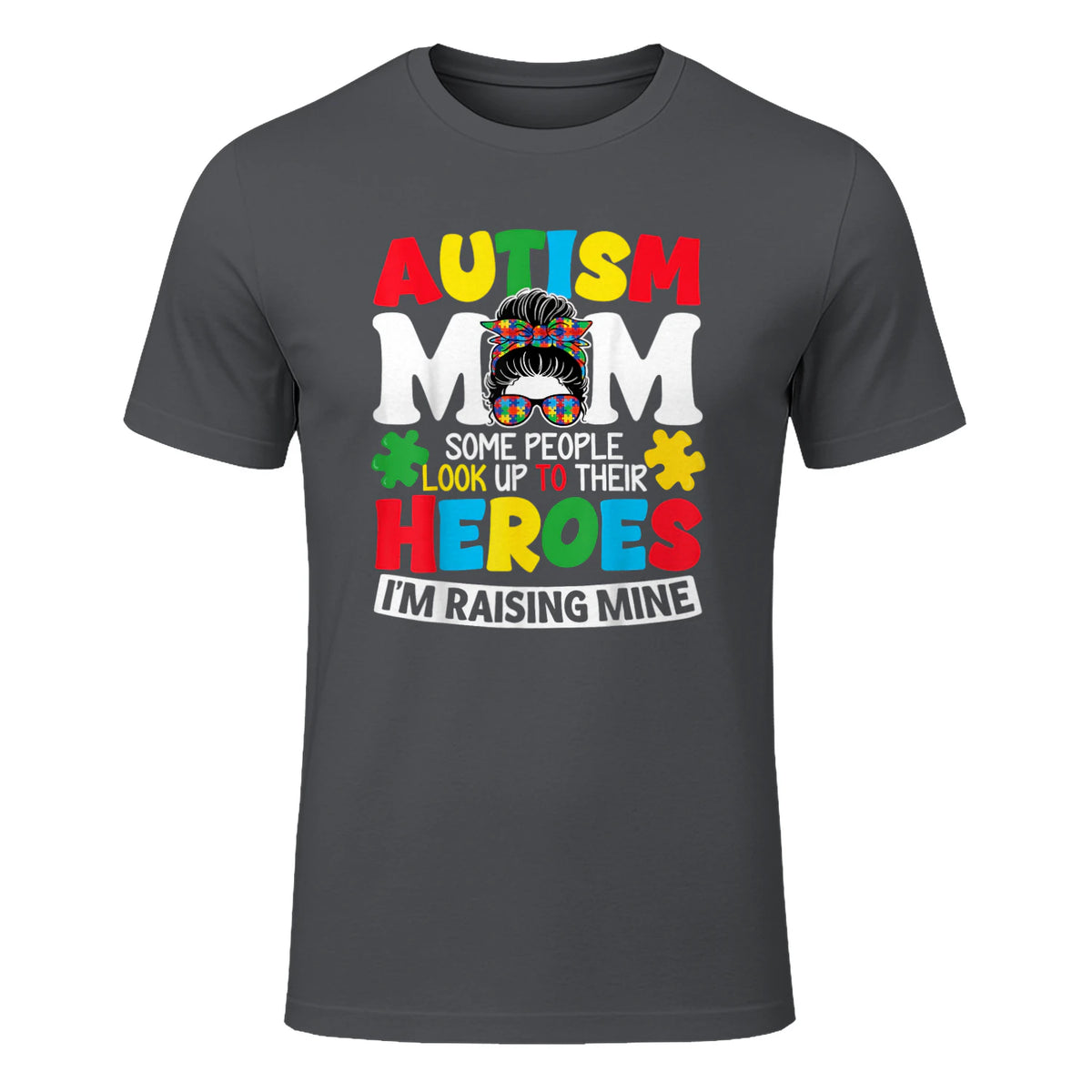 Autism Mom Raising Hero Messy Bun Autism Awareness in Charcoal - front view
