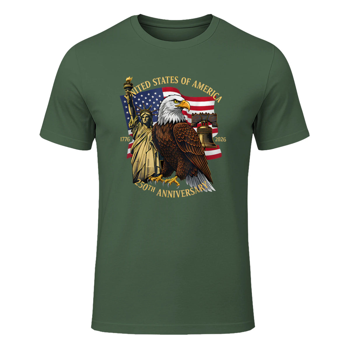 Patriotic Eagle Liberty Bell Anniversary T-Shirt in Military Green - front view