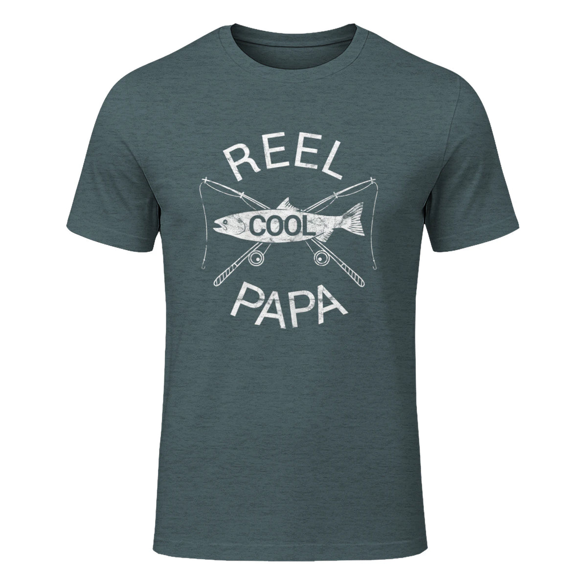 Funny Fishing Reel Cool Papa Dad Joke T-Shirt in Dark Heather - front view