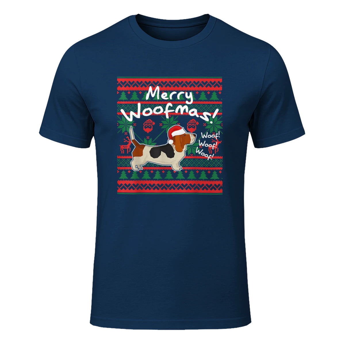 Basset Hound Chemise de Noël Merry Woofmas Père Noël Chien in Navy - front view